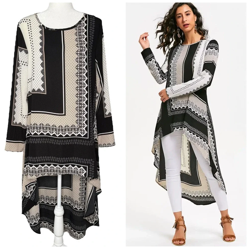 High Low Tunic Shirt Dress 12 Large Artsy‎ Abstract Top Asymmetrical Hem Neutral
